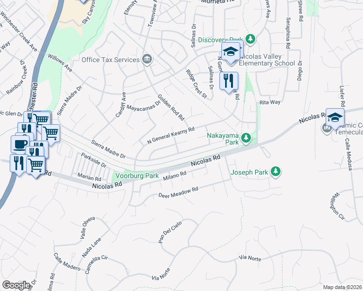 map of restaurants, bars, coffee shops, grocery stores, and more near 30286 Sierra Madre Drive in Temecula