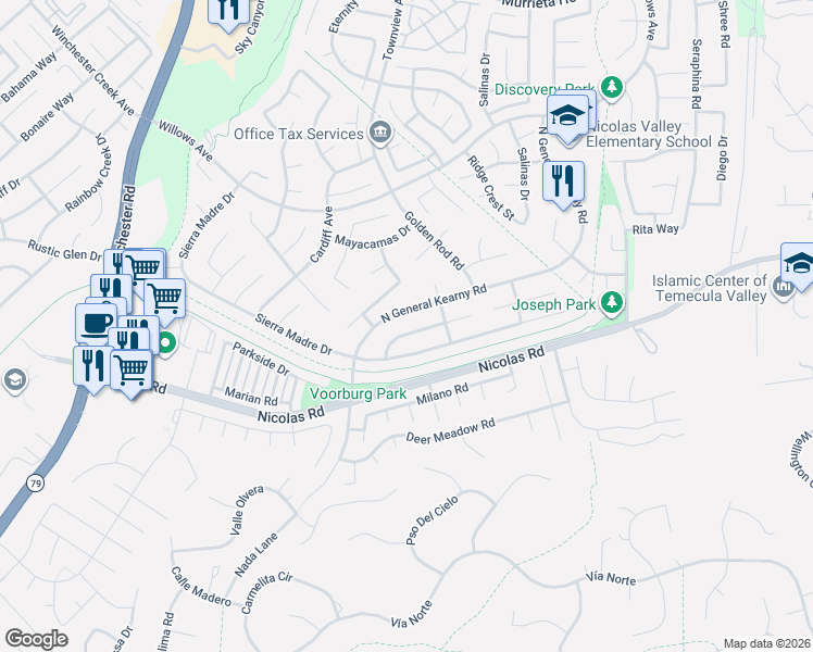 map of restaurants, bars, coffee shops, grocery stores, and more near 30214 Sierra Madre Drive in Temecula