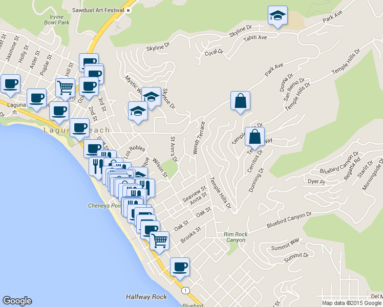 map of restaurants, bars, coffee shops, grocery stores, and more near 719 Browncroft Road in Laguna Beach