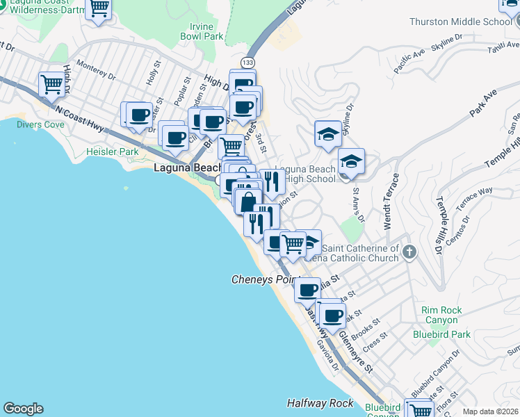 map of restaurants, bars, coffee shops, grocery stores, and more near 590 South Coast Highway in Laguna Beach