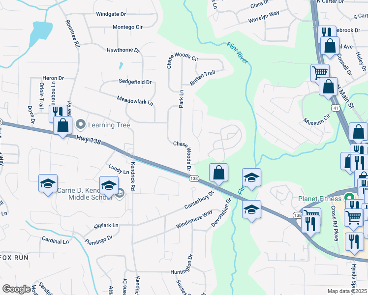map of restaurants, bars, coffee shops, grocery stores, and more near 7845 Chase Woods Drive in Jonesboro