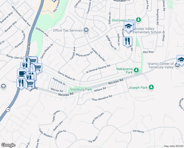 map of restaurants, bars, coffee shops, grocery stores, and more near 30214 Sierra Madre Drive in Temecula