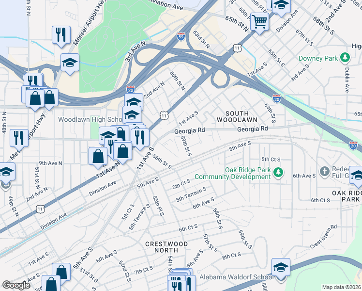 map of restaurants, bars, coffee shops, grocery stores, and more near 145 57th Street South in Birmingham