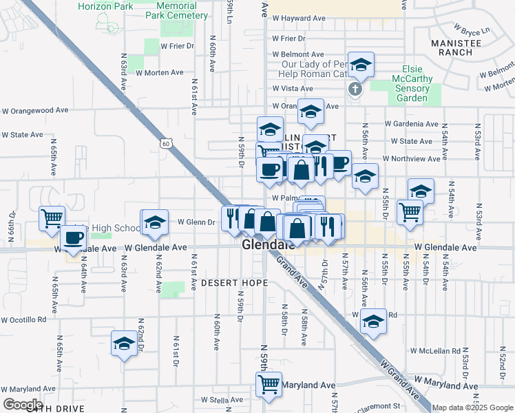 map of restaurants, bars, coffee shops, grocery stores, and more near 5940 Grand Avenue in Glendale