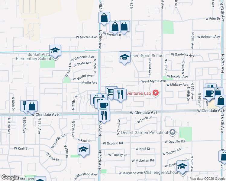 map of restaurants, bars, coffee shops, grocery stores, and more near 7111 North 75th Avenue in Glendale