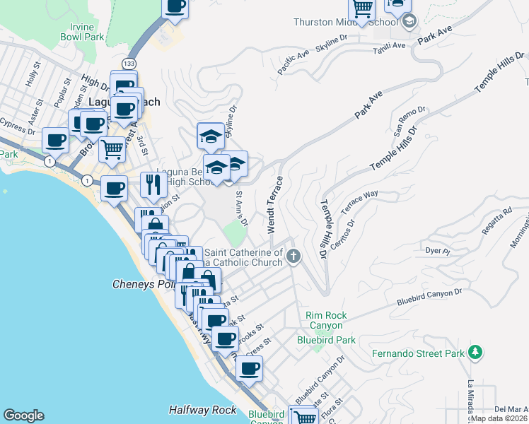 map of restaurants, bars, coffee shops, grocery stores, and more near 719 Browncroft Road in Laguna Beach