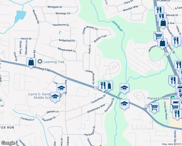 map of restaurants, bars, coffee shops, grocery stores, and more near 7845 Chase Woods Drive in Jonesboro