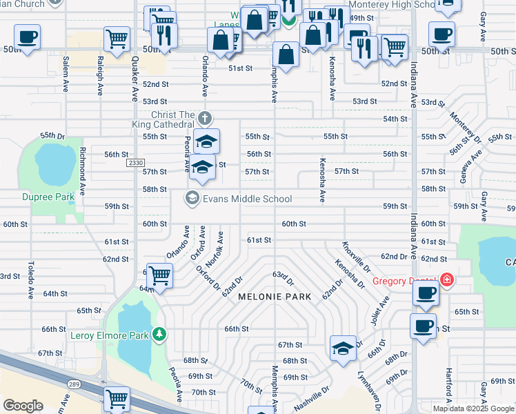 map of restaurants, bars, coffee shops, grocery stores, and more near 3802 60th Street in Lubbock