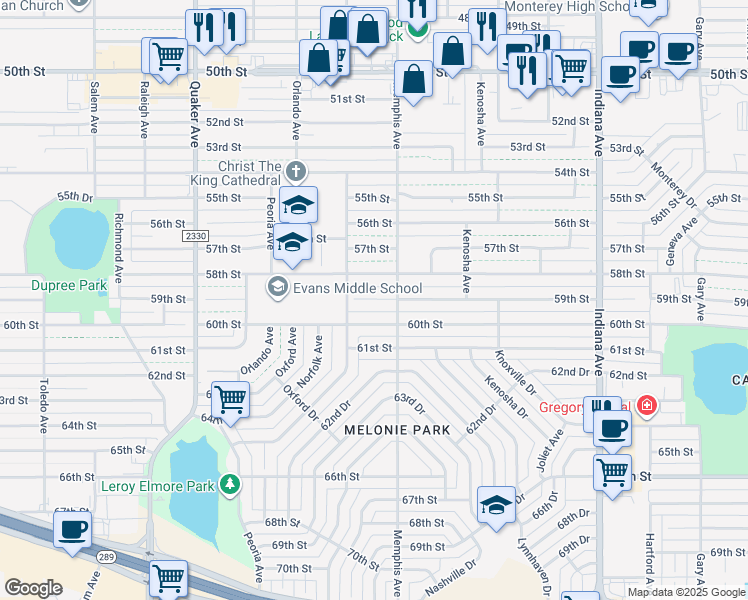 map of restaurants, bars, coffee shops, grocery stores, and more near 3802 60th Street in Lubbock