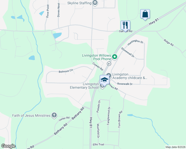 map of restaurants, bars, coffee shops, grocery stores, and more near 65 Belmont Trail in Covington
