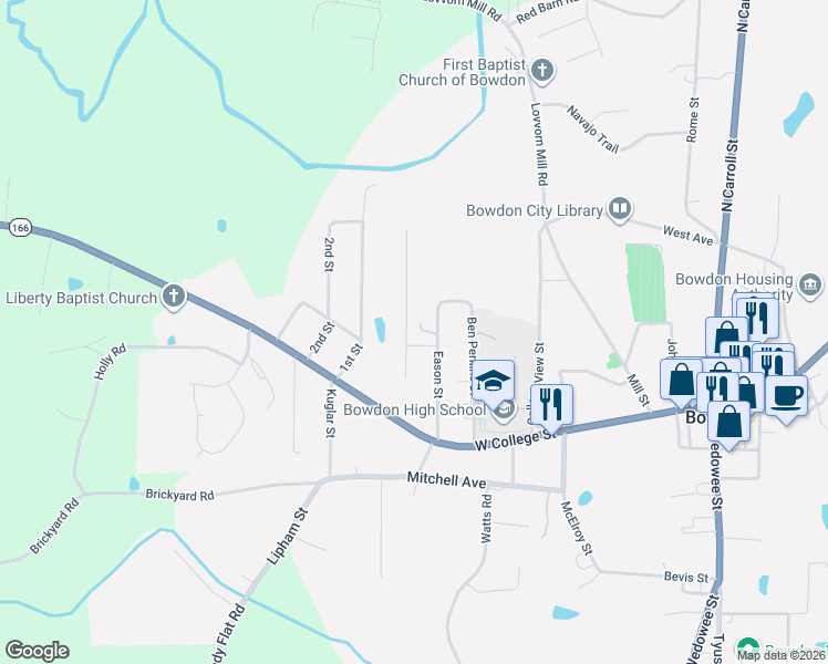 map of restaurants, bars, coffee shops, grocery stores, and more near 231 Eason Street in Bowdon