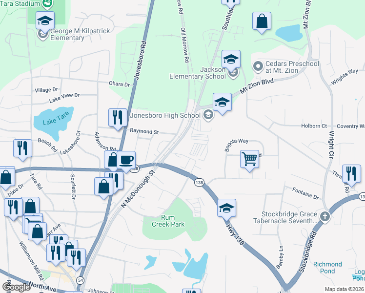 map of restaurants, bars, coffee shops, grocery stores, and more near 7830 North McDonough Street in Jonesboro