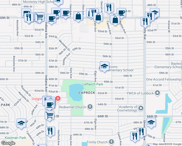 map of restaurants, bars, coffee shops, grocery stores, and more near 3007 59th St in Lubbock