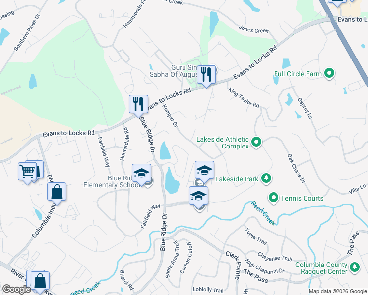 map of restaurants, bars, coffee shops, grocery stores, and more near 579 Blue Ridge Crossing in Evans
