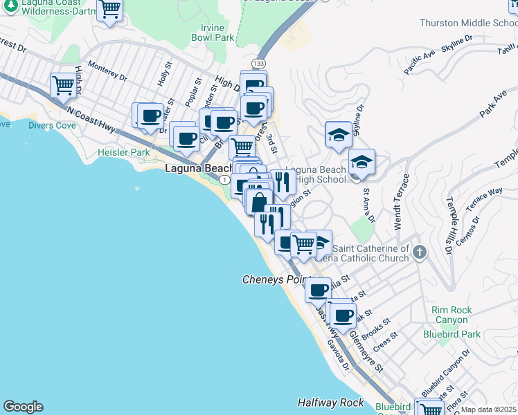 map of restaurants, bars, coffee shops, grocery stores, and more near 590 South Coast Highway in Laguna Beach