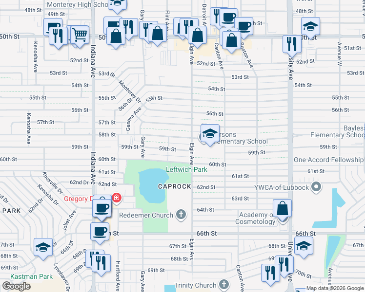map of restaurants, bars, coffee shops, grocery stores, and more near 3007 59th St in Lubbock