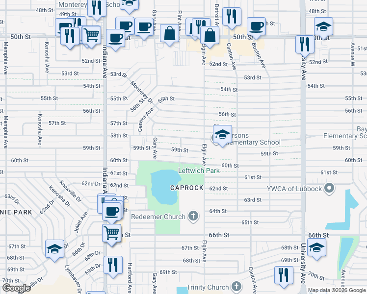 map of restaurants, bars, coffee shops, grocery stores, and more near 3020 60th Street in Lubbock