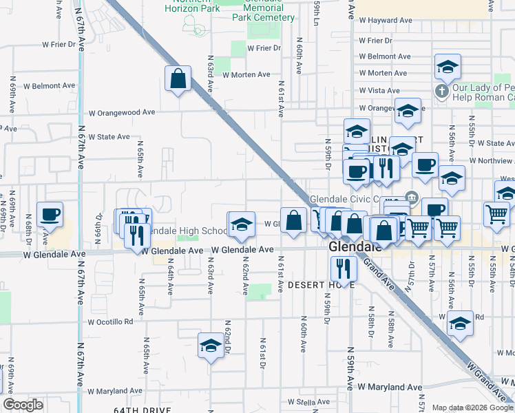 map of restaurants, bars, coffee shops, grocery stores, and more near 6200 West Glenn Drive in Glendale