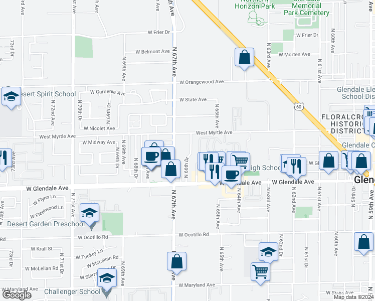 map of restaurants, bars, coffee shops, grocery stores, and more near 7101 North 66th Drive in Glendale
