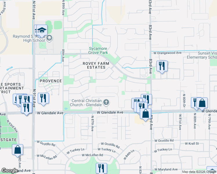 map of restaurants, bars, coffee shops, grocery stores, and more near 8516 West Midway Avenue in Glendale