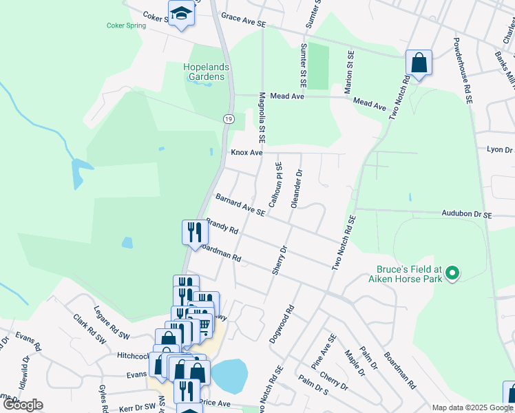map of restaurants, bars, coffee shops, grocery stores, and more near 308 Gin Street in Aiken