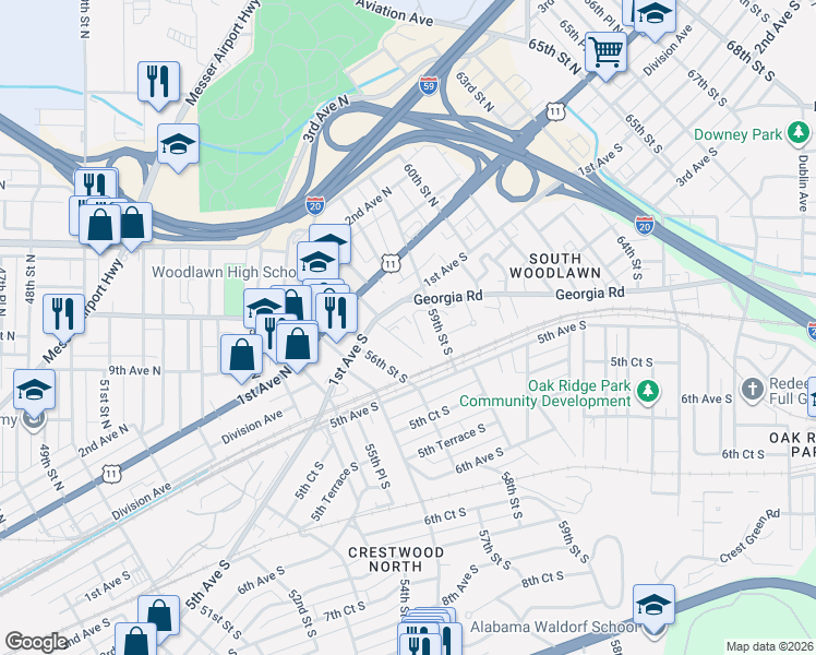 map of restaurants, bars, coffee shops, grocery stores, and more near 145 57th Street South in Birmingham
