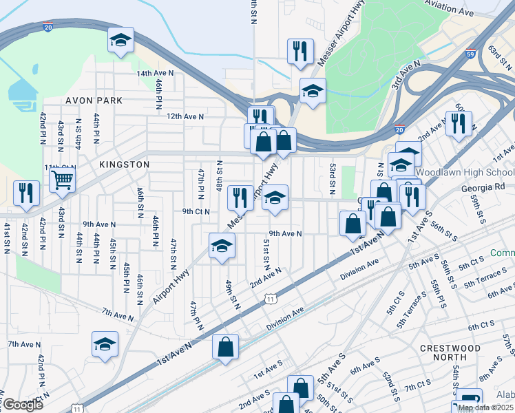 map of restaurants, bars, coffee shops, grocery stores, and more near 917 50th Street North in Birmingham