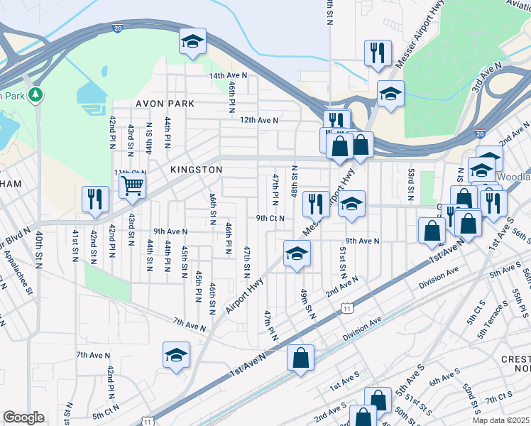 map of restaurants, bars, coffee shops, grocery stores, and more near 909 47th Street North in Birmingham