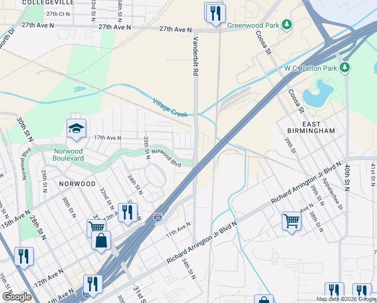 map of restaurants, bars, coffee shops, grocery stores, and more near 3616 Norwood Boulevard in Birmingham
