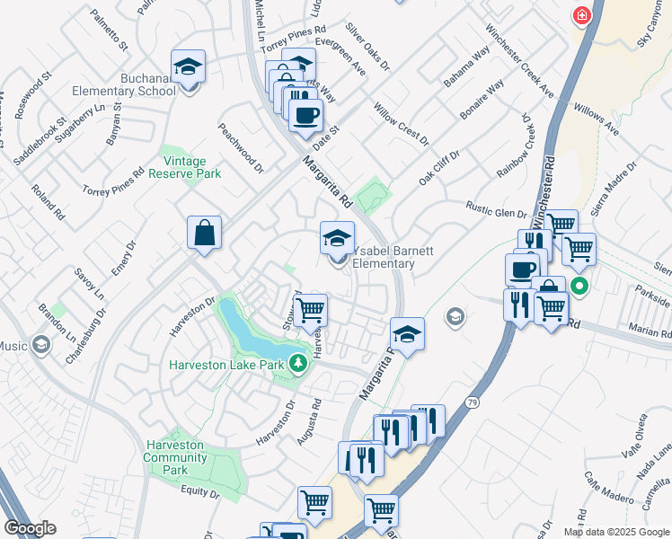 map of restaurants, bars, coffee shops, grocery stores, and more near 39925 Harveston Drive in Temecula