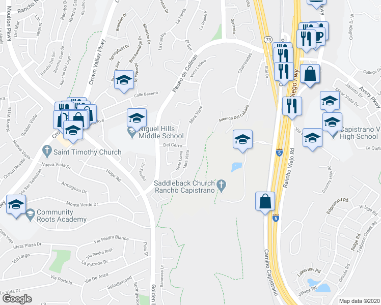 map of restaurants, bars, coffee shops, grocery stores, and more near 29082 Mira Vista in Laguna Niguel