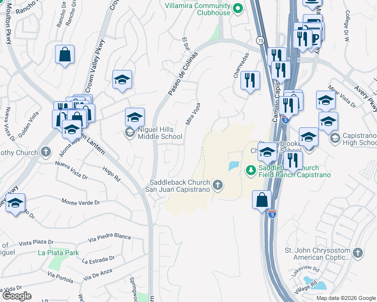 map of restaurants, bars, coffee shops, grocery stores, and more near 29082 Mira Vista in Laguna Niguel