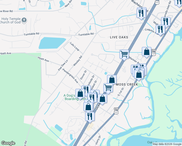 map of restaurants, bars, coffee shops, grocery stores, and more near 867 Lobster Court in Murrells Inlet