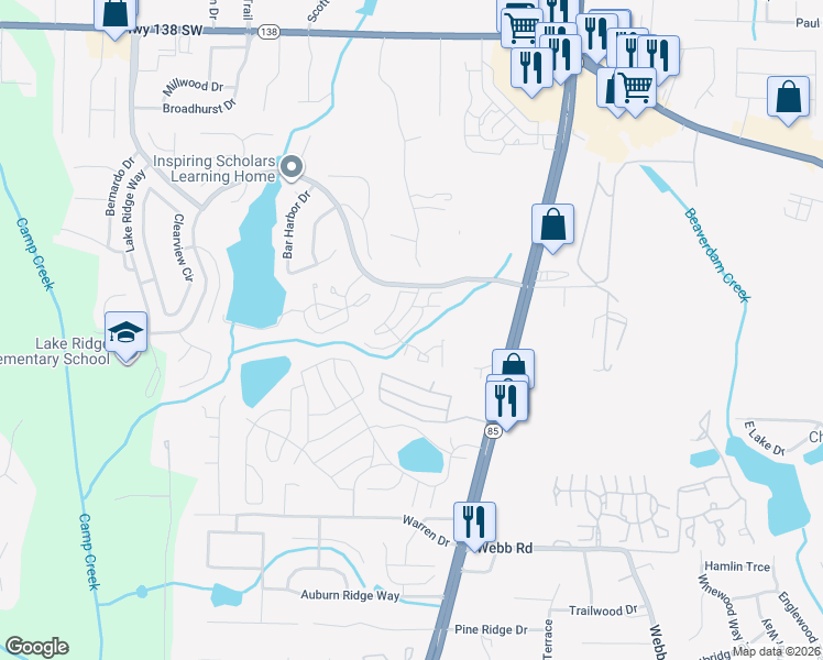 map of restaurants, bars, coffee shops, grocery stores, and more near 950 Lake Ridge Parkway in Riverdale