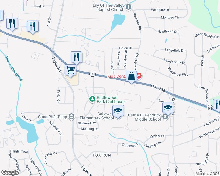 map of restaurants, bars, coffee shops, grocery stores, and more near 7845 Camberley Court in Riverdale