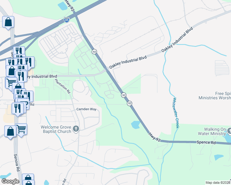 map of restaurants, bars, coffee shops, grocery stores, and more near 7795 Spence Road in Fairburn