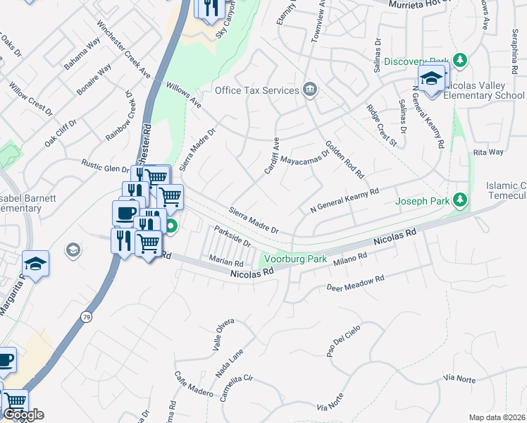 map of restaurants, bars, coffee shops, grocery stores, and more near 39253 Cayman Court in Murrieta