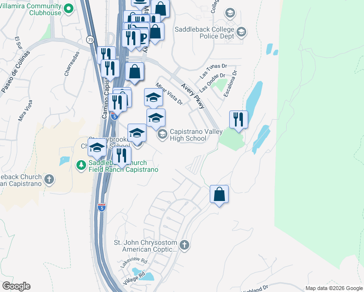 map of restaurants, bars, coffee shops, grocery stores, and more near 26502 La Quilla Lane in Mission Viejo
