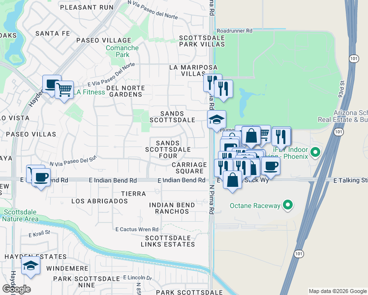 map of restaurants, bars, coffee shops, grocery stores, and more near 8679 East Vía Del Palacio in Scottsdale