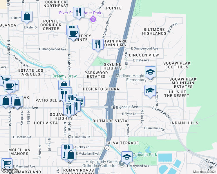 map of restaurants, bars, coffee shops, grocery stores, and more near 1823 East Myrtle Avenue in Phoenix