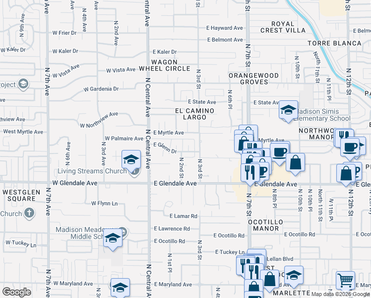 map of restaurants, bars, coffee shops, grocery stores, and more near 109 East Myrtle Avenue in Phoenix