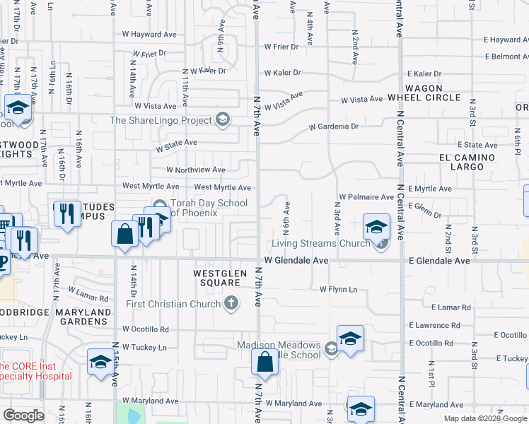 map of restaurants, bars, coffee shops, grocery stores, and more near 622 West Palmaire Avenue in Phoenix
