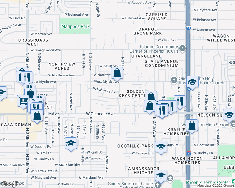 map of restaurants, bars, coffee shops, grocery stores, and more near 7134 North 29th Avenue in Phoenix