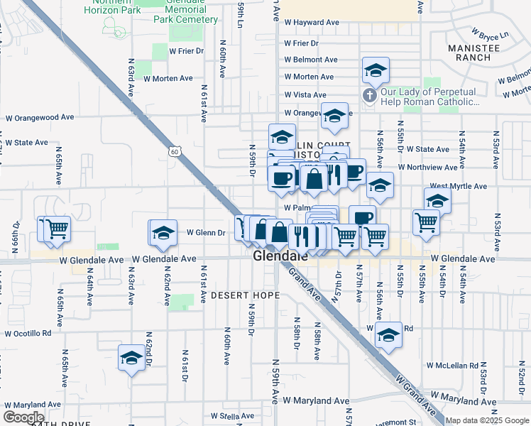 map of restaurants, bars, coffee shops, grocery stores, and more near 7142 North 59th Avenue in Glendale