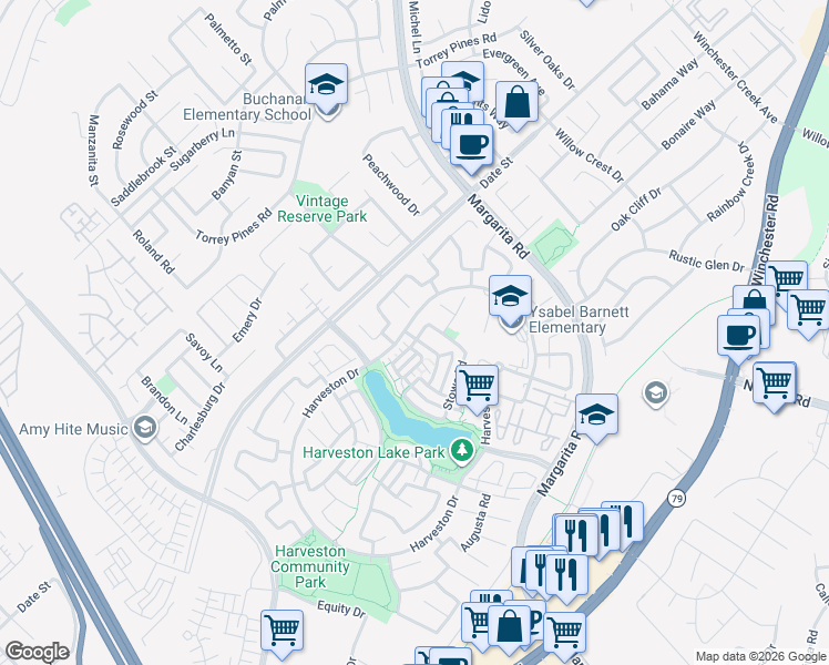 map of restaurants, bars, coffee shops, grocery stores, and more near 39891 Camden Court in Temecula