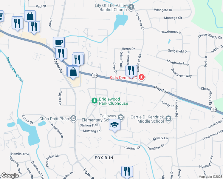 map of restaurants, bars, coffee shops, grocery stores, and more near 7845 Camberley Court in Riverdale