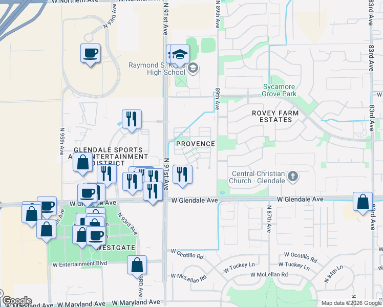 map of restaurants, bars, coffee shops, grocery stores, and more near 8988 West Nicolet Avenue in Glendale