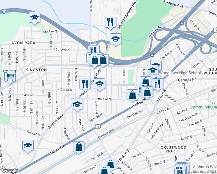 map of restaurants, bars, coffee shops, grocery stores, and more near 5208 Georgia Road in Birmingham
