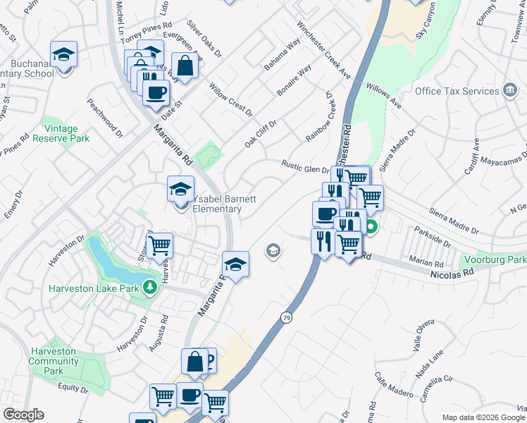 map of restaurants, bars, coffee shops, grocery stores, and more near 39799 Knollridge Drive in Temecula