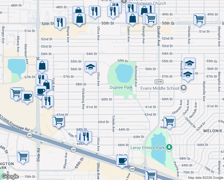 map of restaurants, bars, coffee shops, grocery stores, and more near 4702 59th Street in Lubbock